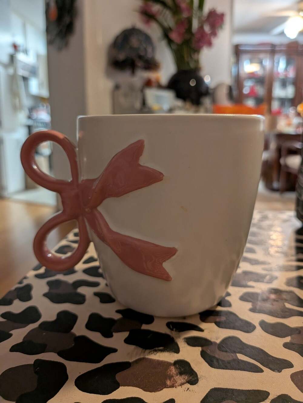 Ceramic Coffee Mug with Pink Bow Handle White